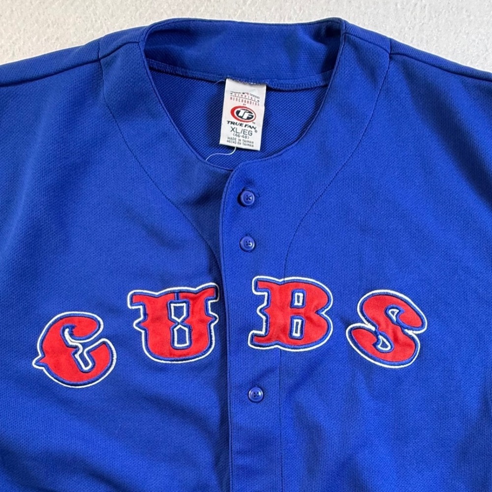 True Fan Chicago‎ Cubs Baseball Jersey Mens XL Blue Embroidered Mesh Button Up